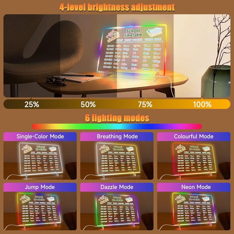 EKSPRINT LED Note Board with Colors-Light Up Acrylic Dry Erase Board with 6 Modes & 8 Colors,13.7"X10" Include 7 Markers, Hanging Chain, Battery Case, Led Writing Board with Battery Pack for Home/Office/Decor - Image 3